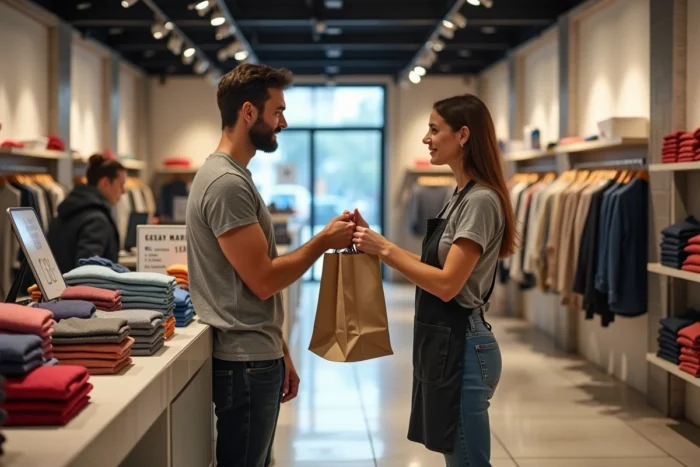 Client payant ses achats dans un magasin de vêtements ouvert le dimanche à Marseille