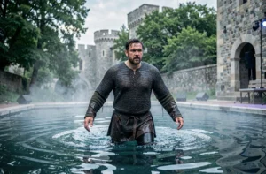 Acteur en costume médiéval trempé surgissant d'un bassin d'eau lors d'un spectacle nocturne au Puy du Fou