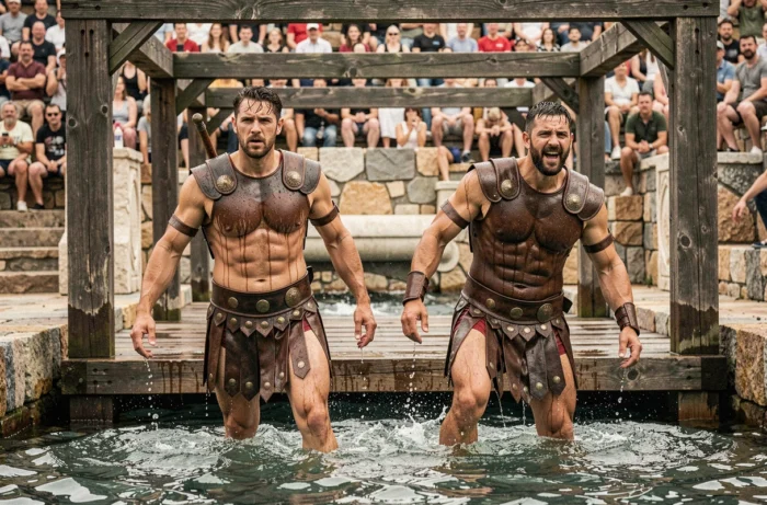 Deux acteurs en armures romaines trempées surgissant simultanément d'un bassin dans un spectacle historique au Puy du Fou
