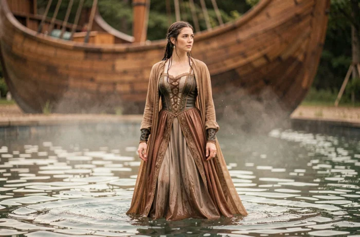 Actrice en robe historique mouillée dans un bassin lors d'une répétition de spectacle aquatique au Puy du Fou