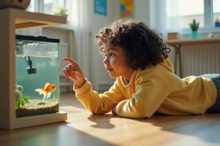 Adolescente allongée sur le sol en bois, doigt posé sur l'aquarium pour observer la réaction de son poisson rouge