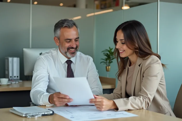 Agent d'assurance et cliente discutant de la franchise automobile lors d'un rendez-vous en agence