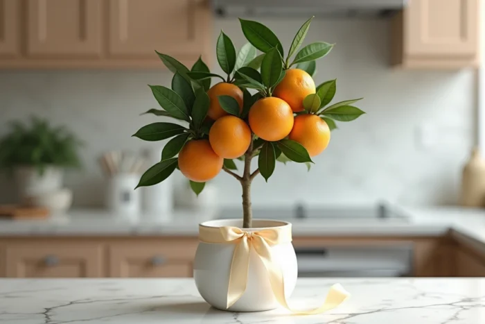 Calamondin en tige en pot blanc avec fruits orange et ruban de mariage ivoire sur plan de travail en marbre