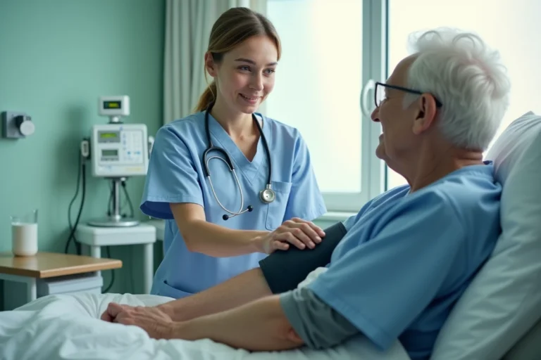 Aide-soignante prenant la tension artérielle d'un patient âgé dans une chambre d'hôpital moderne