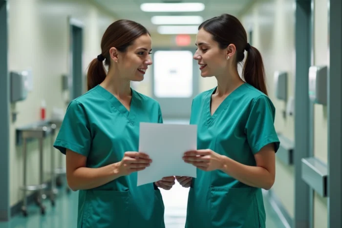 Deux aides-soignantes en discussion professionnelle dans un couloir d'hôpital autour des actes du référentiel 2026