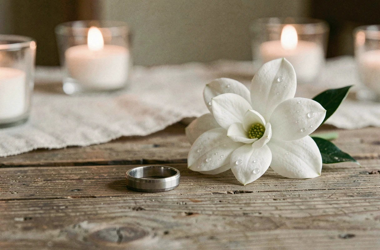 Deux alliances posées côte à côte sur une surface en bois avec une fleur de gardénia, symbole d'un mariage intime et discret