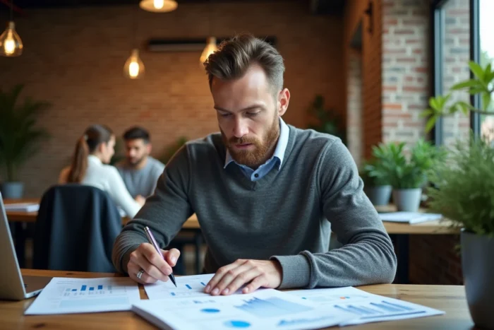 Entrepreneur analysant des rapports d'indicateurs économiques locaux dans un espace de coworking