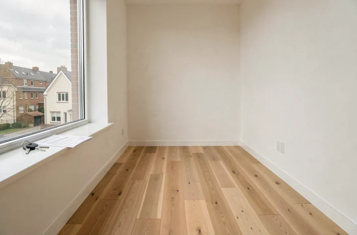 Appartement vide prêt à la location avec clés posées sur le rebord de la fenêtre