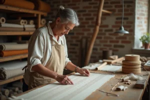 Artisane textile examinant un tissu brut dans un atelier traditionnel aux murs en briques avec métier à tisser vintage