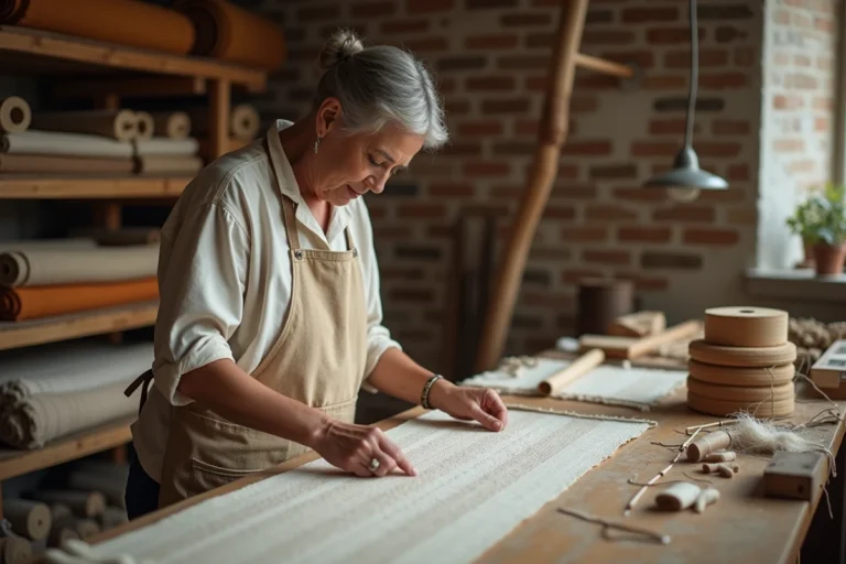 Artisane textile examinant un tissu brut dans un atelier traditionnel aux murs en briques avec métier à tisser vintage