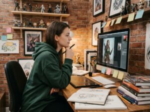 Jeune femme artiste en studio maison hésitant entre concept art jeu vidéo et animation devant son écran