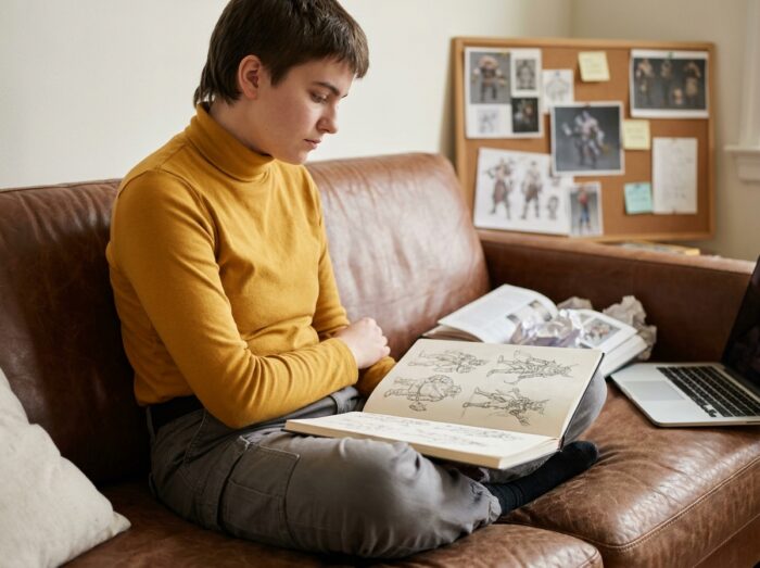 Jeune artiste non-binaire dans un espace de coworking créatif dessinant des personnages entre univers animé et jeu vidéo