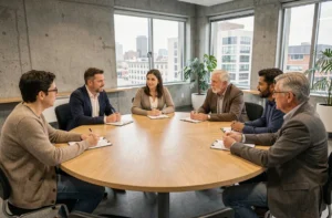 Groupe de citoyens tirés au sort réunis autour d'une table ronde lors d'une assemblée citoyenne dans une salle municipale moderne