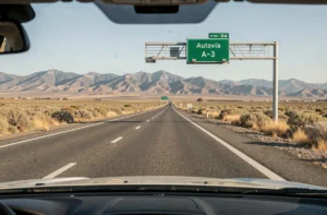 Autoroute gratuite espagnole de type autovía avec panneau de signalisation vert et paysage aride en arrière-plan