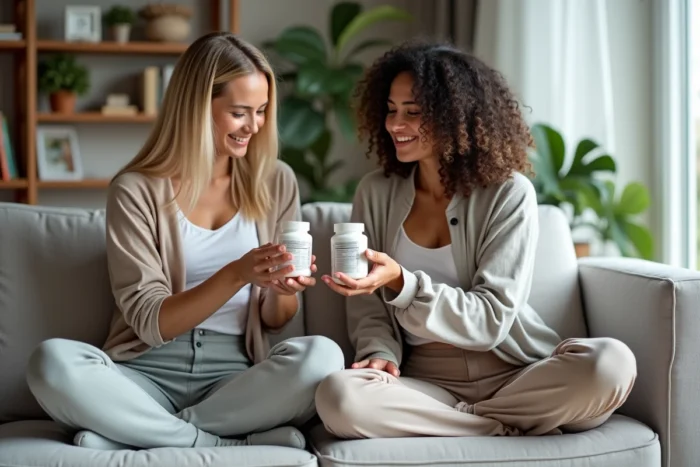 Deux femmes discutant des effets secondaires et avis sur Lashilé Good Hair ensemble dans un salon moderne