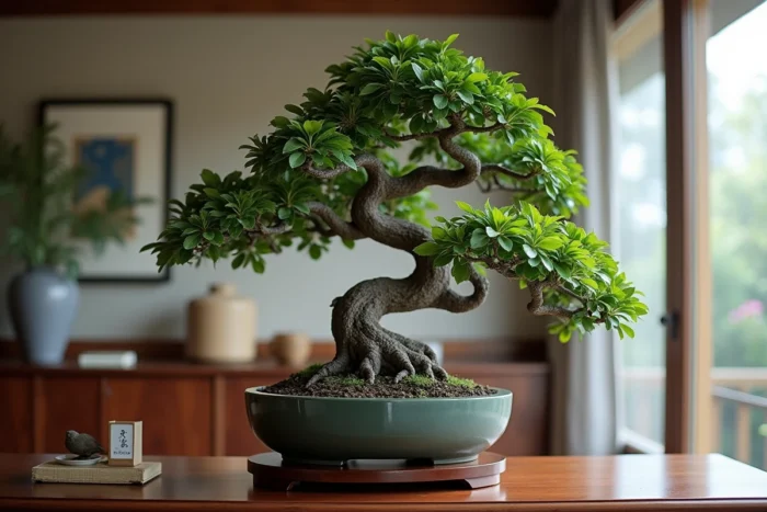 Bonsaï de ficus retusa au tronc tortueux sur support en bois laqué avec ruban de soie, cadeau de mariage raffiné
