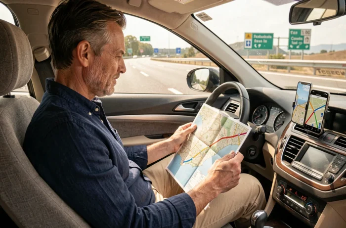 Voyageur consultant une carte routière et un GPS pour identifier les autoroutes gratuites et payantes en Espagne