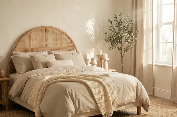 Chambre cocooning avec tête de lit en rotin, linge de lit en percale neutre et bougeoirs en travertin sur table de chevet