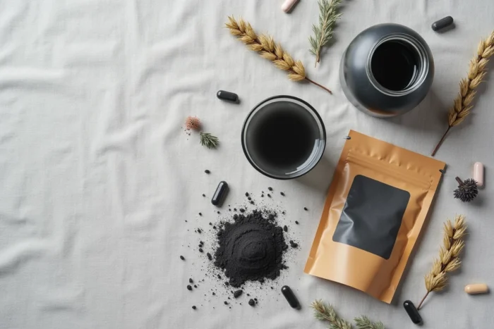 Vue de dessus d'une composition de produits au charbon actif gélules poudre et verre d'eau noire sur lin gris