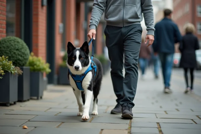 Homme se promenant en ville avec son border collie dressé comme chien d'assistance portant un harnais bleu