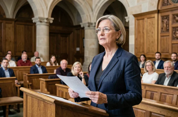 Citoyenne tirée au sort prenant la parole dans une salle de délibération institutionnelle lors d'une assemblée démocratique participative
