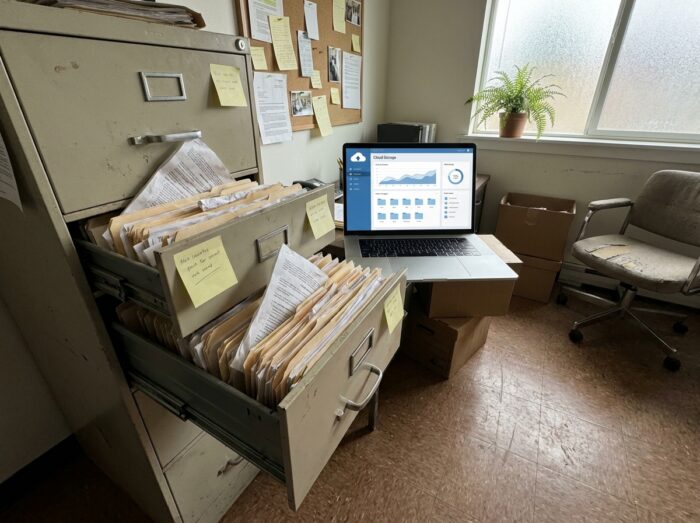 Classeur métallique débordant de dossiers papier posé à côté d'un ordinateur portable affichant un système de stockage cloud, illustrant la dématérialisation des archives