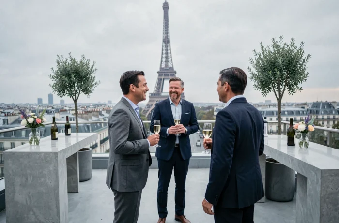 Professional cocktail on a Parisian terrace with a view of the Eiffel Tower during a corporate event