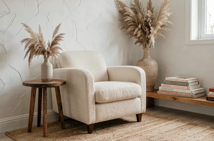 Coin salon scandinave cosy avec fauteuil bouclé crème, table en noyer et vase céramique avec herbes de la pampa séchées