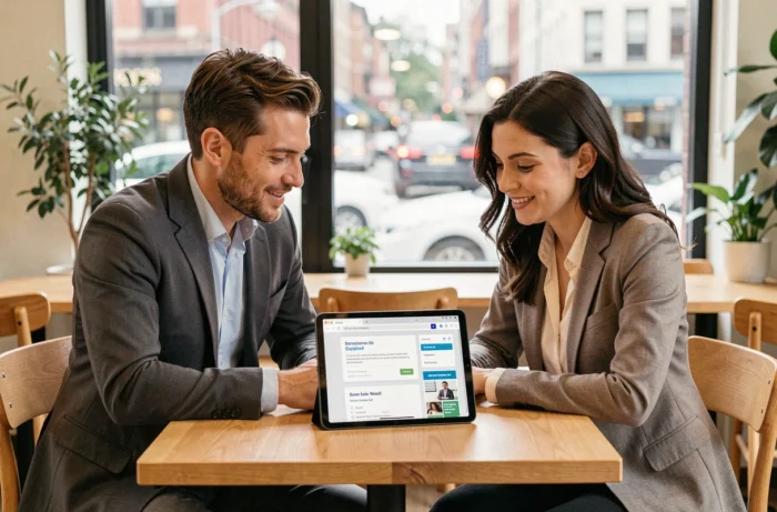 Deux collègues collaborant sur une plateforme d'offres d'emploi en ligne dans un café urbain moderne