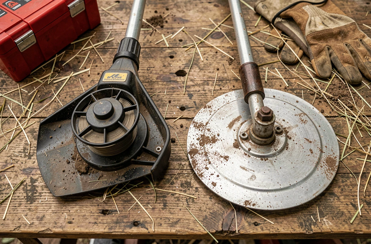 Vue comparative d'une coupe-bordure sans fil et d'une débroussailleuse thermique posées côte à côte sur un établi en bois usé avec accessoires de jardinage
