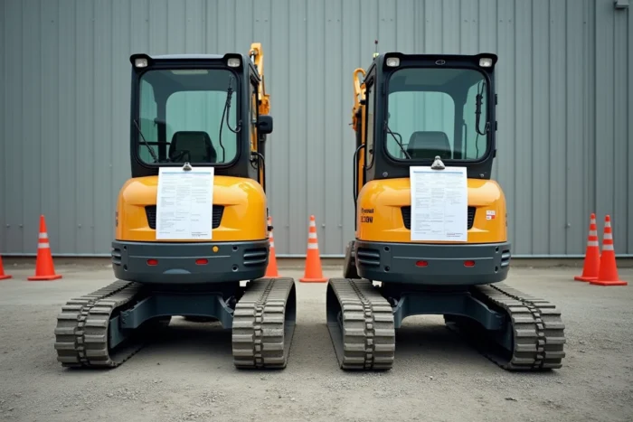 Comparaison de deux mini pelles de largeurs différentes garées côte à côte sur un terrain de location de matériel