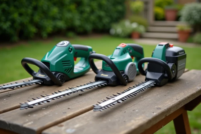 Comparaison de trois modèles de taille-haie posés sur un établi en bois dans un jardin, électrique filaire, sans fil et thermique