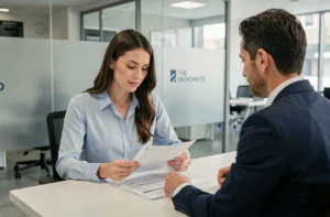 Femme consultant un conseiller bancaire dans une agence moderne en France pour comparer les offres de banques en 2024