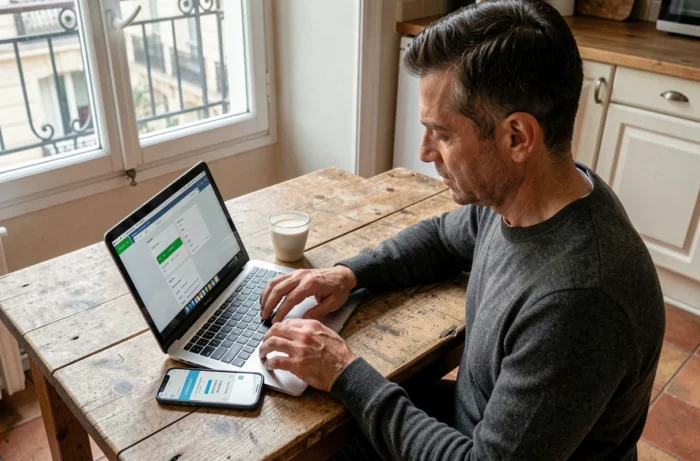 Homme comparant des applications bancaires françaises sur ordinateur portable et smartphone depuis son domicile en 2024