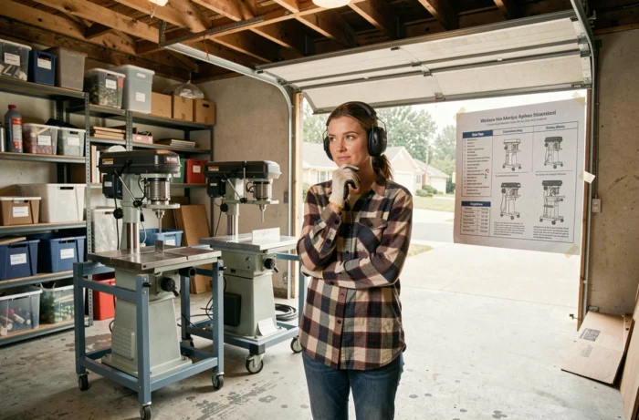 Femme comparant deux scies radiales dans un garage atelier pour choisir le meilleur modèle