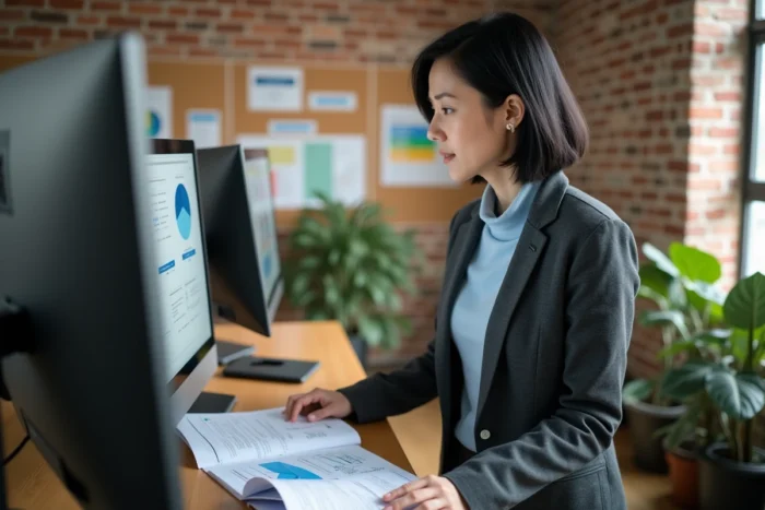 Conseillère analysant des rapports dans un espace de travail communautaire, représentant l'évolution des pratiques de communisation