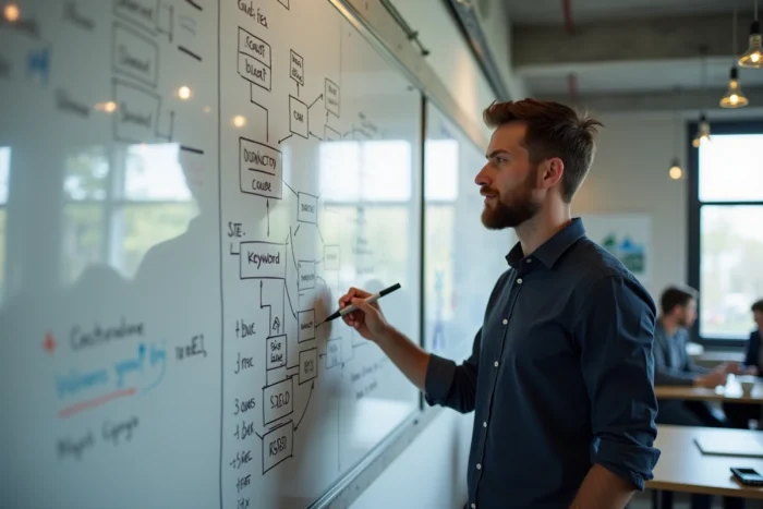Un consultant SEO debout devant un tableau blanc rempli de schémas de stratégie de référencement dans un bureau d'agence