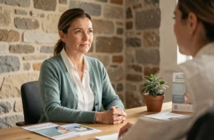 Professionnelle de santé en consultation d'accompagnement face aux addictions dans un cabinet breton aux murs en pierre