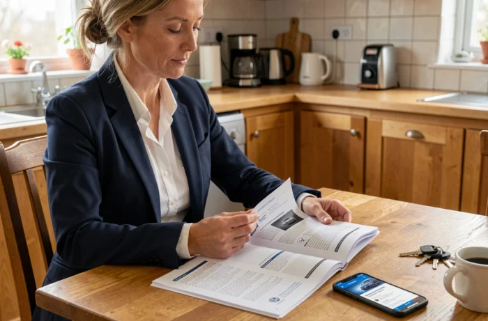 Femme consultant le manuel Volkswagen pour retrouver le code de sécurité de son autoradio