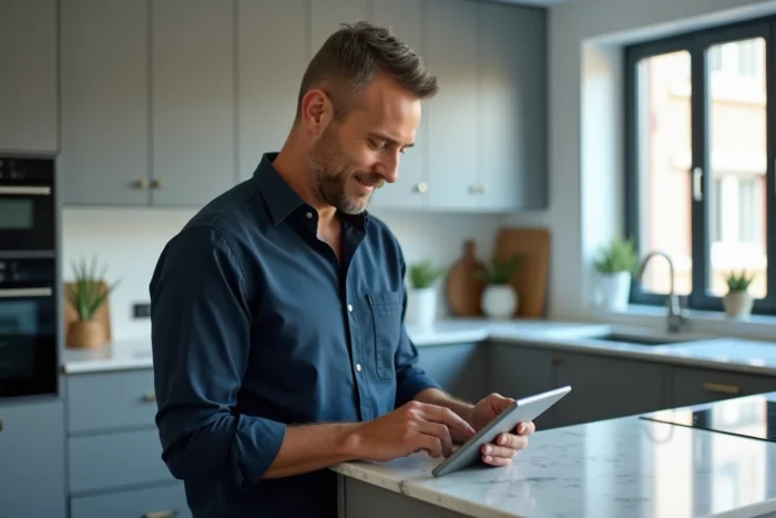 Homme consultant et gérant ses messages d'annonces en ligne depuis une tablette dans sa cuisine