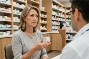 Femme discutant des contre-indications d'un médicament avec un pharmacien en officine