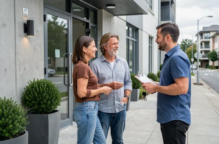 Couple discutant avec un agent immobilier devant un immeuble locatif