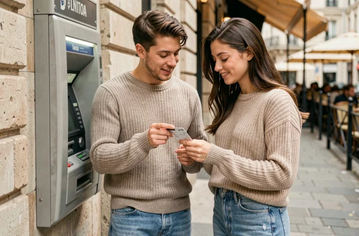 Jeune couple examinant les frais bancaires devant un distributeur automatique dans une rue parisienne pour choisir leur banque