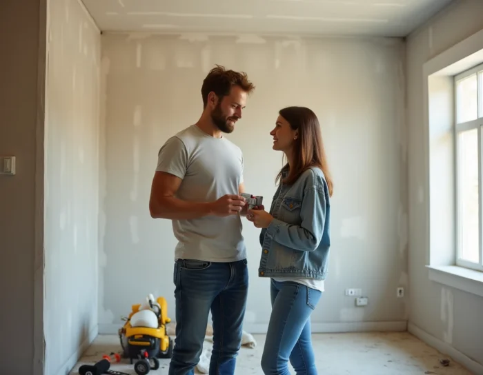 Couple comparant des thermostats connectés dans un salon en cours de rénovation moderne