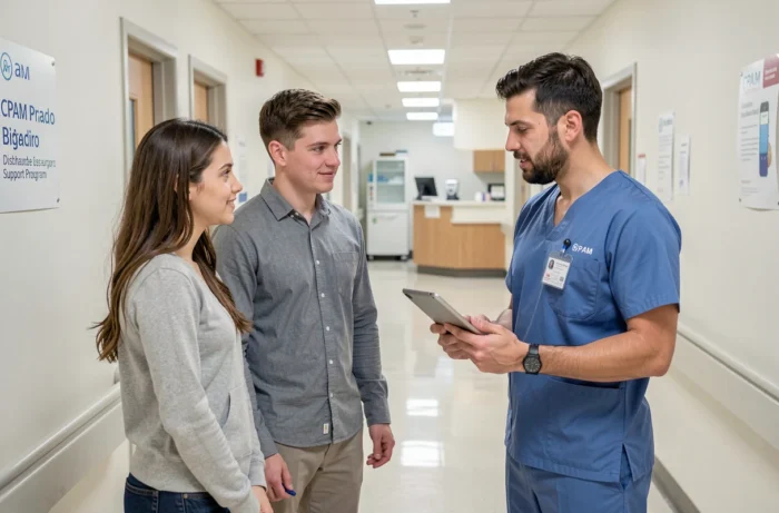 Un couple de jeunes adultes recevant des explications sur le programme Prado de la CPAM dans un couloir hospitalier