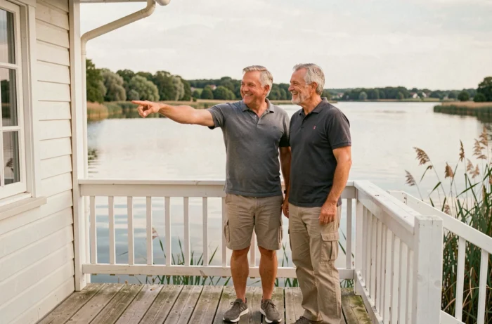 Couple devant une maison abordable au bord d'un lac en région parisienne