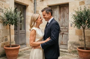 Couple élégant en tenue sobre partagent un moment intime dans une cour pavée parisienne, illustrant un mariage discret et touchant