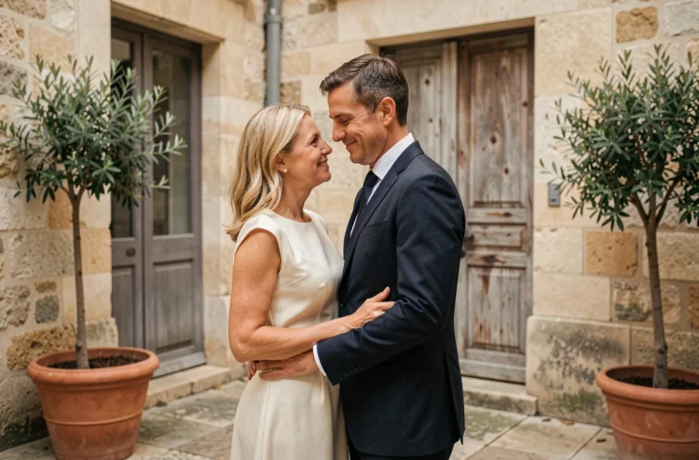 Couple élégant en tenue sobre partagent un moment intime dans une cour pavée parisienne, illustrant un mariage discret et touchant
