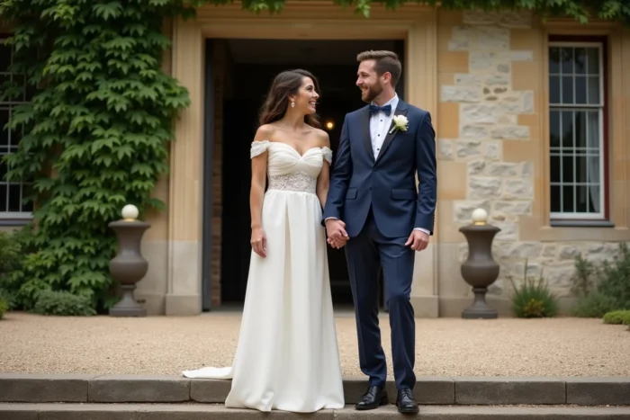 Couple de mariés souriant devant le perron en pierre d'un manoir historique recouvert de lierre lors de leur mariage