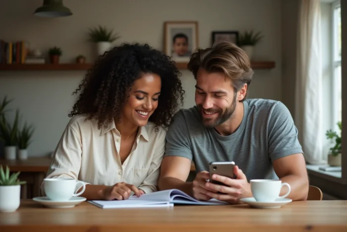 Couple de parents planifiant l'organisation familiale ensemble le soir autour d'un agenda et d'un smartphone